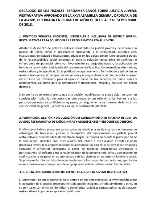 Decálogo de los fiscales iberoamericanos sobre justicia juvenil restaurativa aprobado en la xxvi asamblea general ordinaria de la aiamp