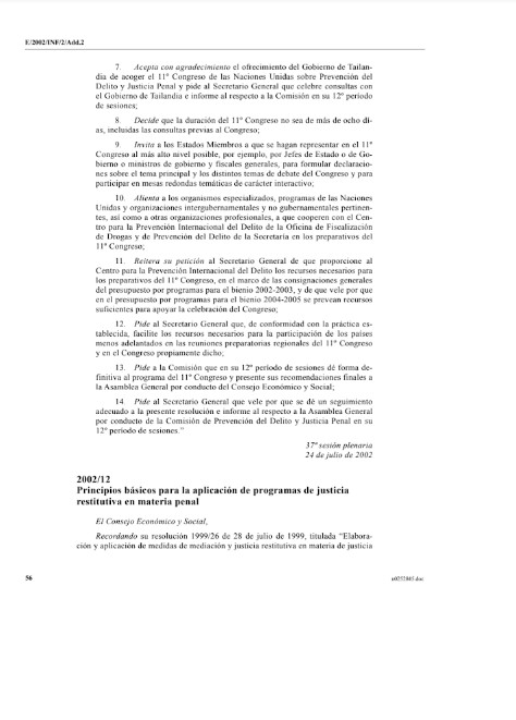Principios básicos sobre la utlización de Programas de Justicia Restaurativa en materia Penal – Resoluciópn 2002/12 del COnsejo Económico y Social