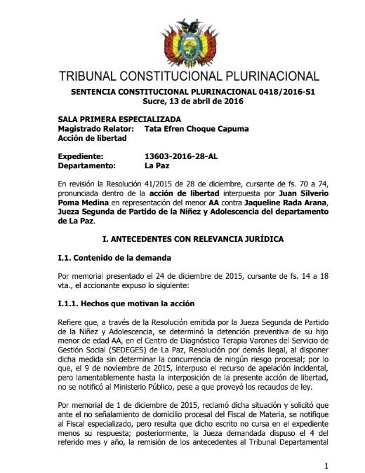 Sentencia constitucional plurinacional 0418/2016-s1